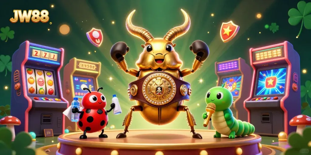 Experience the thrill of JW88 with a vibrant 3D casino scene featuring iconic game elements.