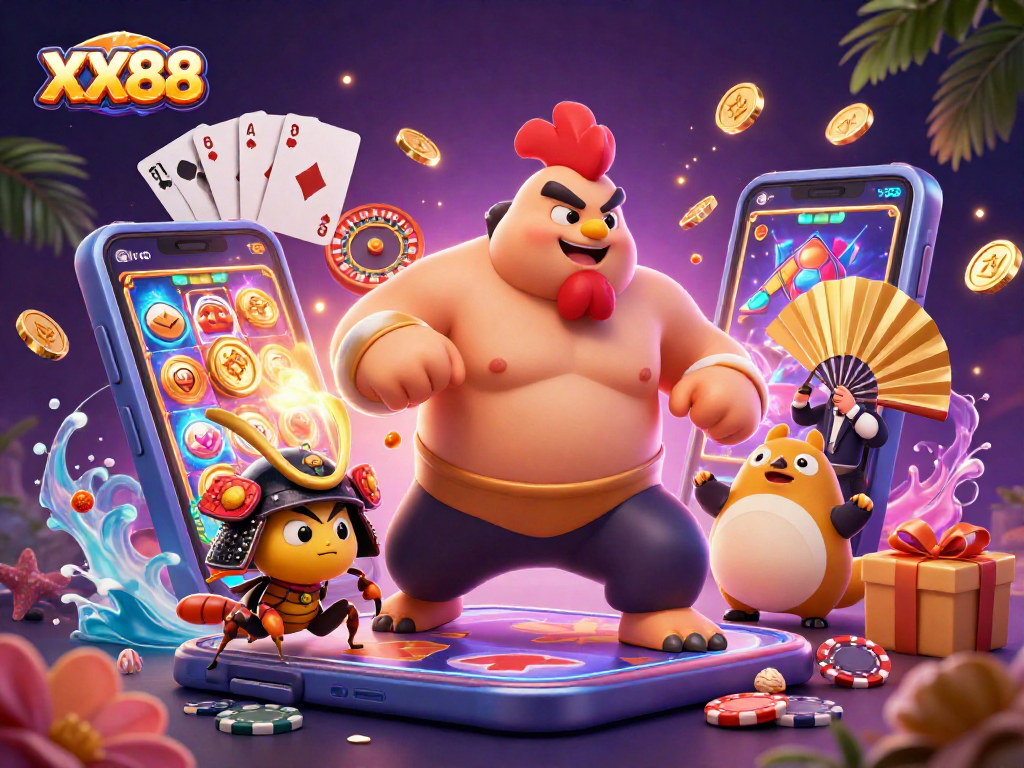 Experience the excitement of XX88 with a dynamic 3D scene featuring a powerful sumo wrestler and vibrant casino games.