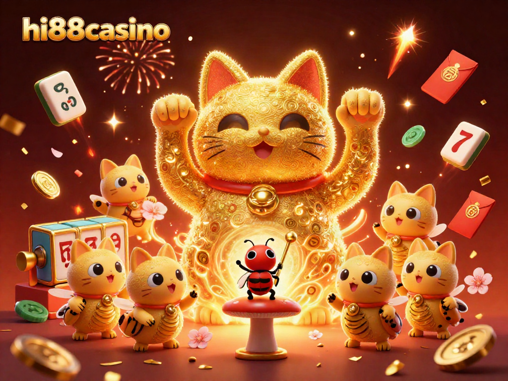 Engage with hi88casino's vibrant world of gaming, featuring a lucky cat and dynamic casino symbols.