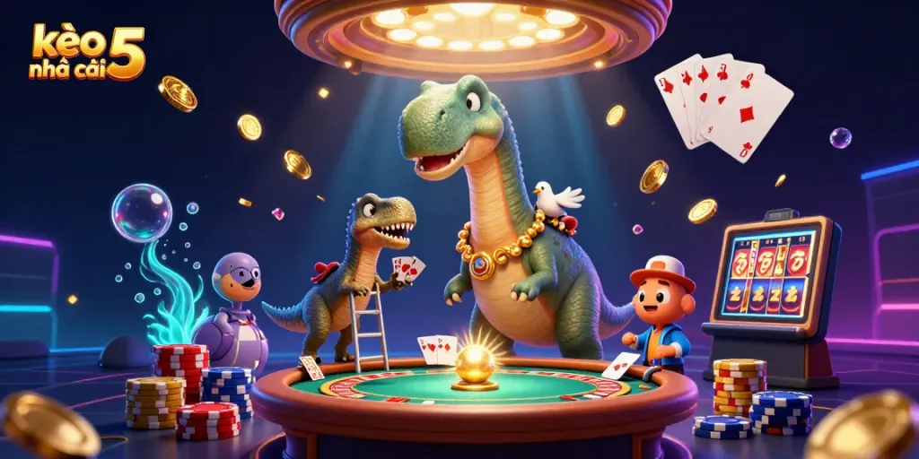 Engage in thrilling gameplay with kèo nhà cái 5 witnessing a 3D dinosaur casino scene.