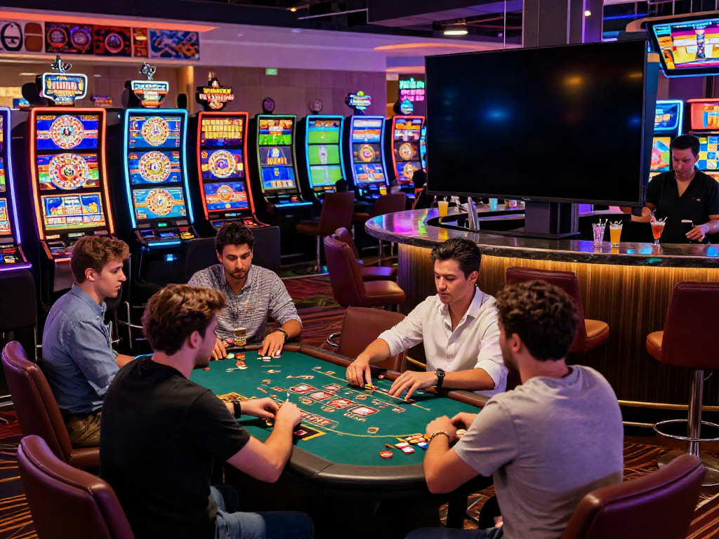 Players at a non GamStop casino enjoying various games amidst vibrant neon lights and exciting promotions.