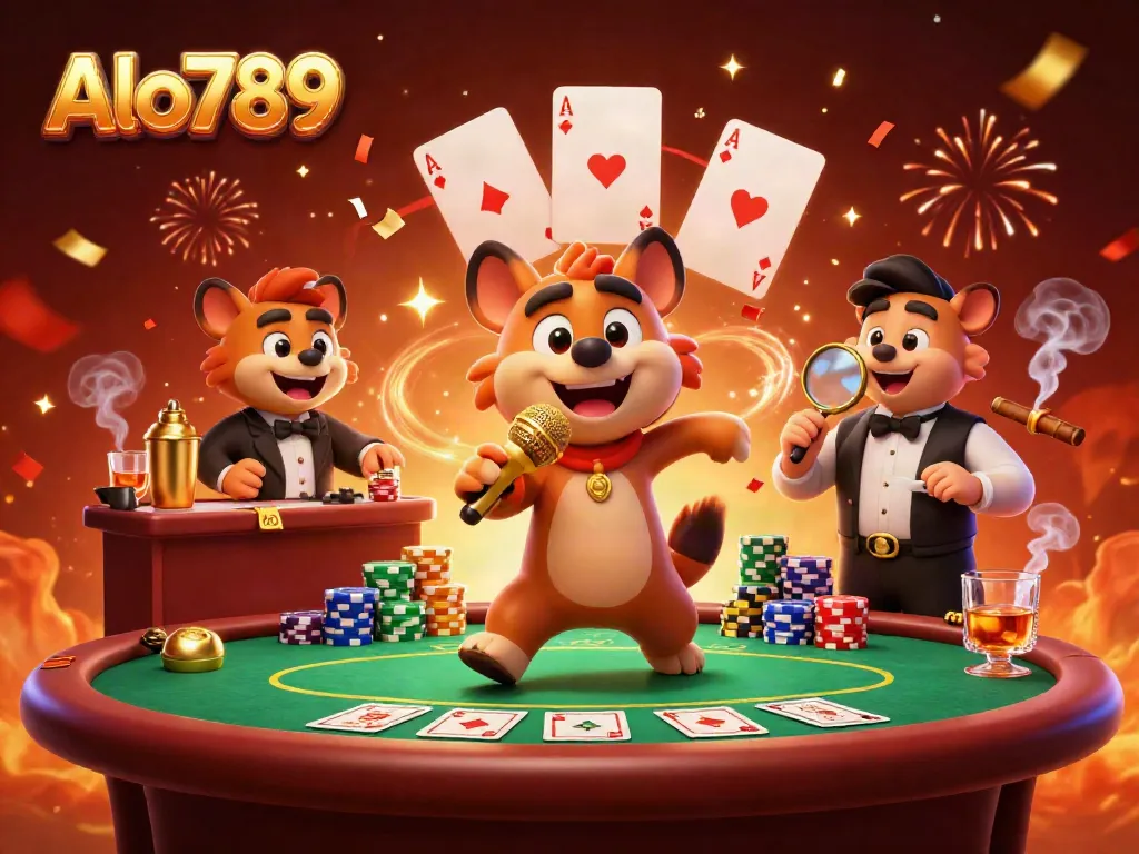 Alo789 presents a vibrant hyena comedy casino scene with poker action and dynamic characters.