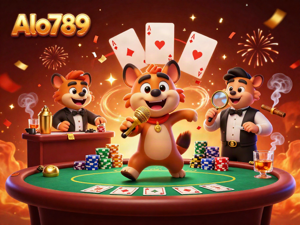 Alo789 presents a vibrant hyena comedy casino scene with poker action and dynamic characters.