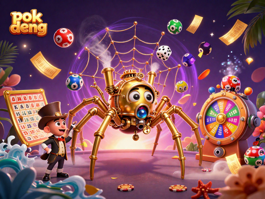 Experience the excitement of pok deng with this dynamic illustration featuring a golden spider and lottery elements.