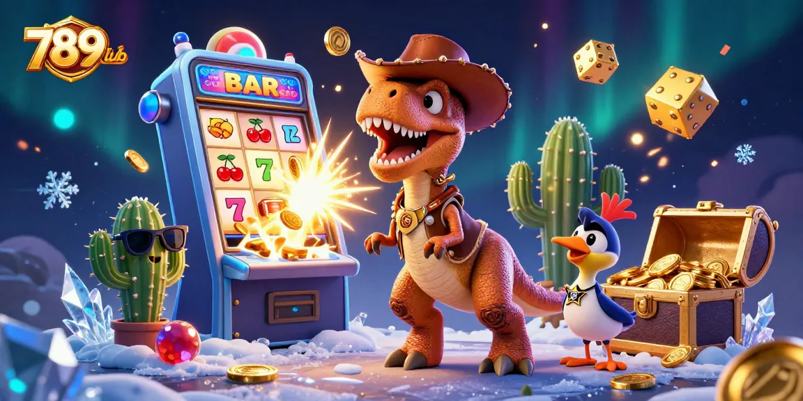 Exciting 789club illustration showcasing a T-Rex cowboy, cactus sidekick, and roadrunner in an exhilarating casino scene