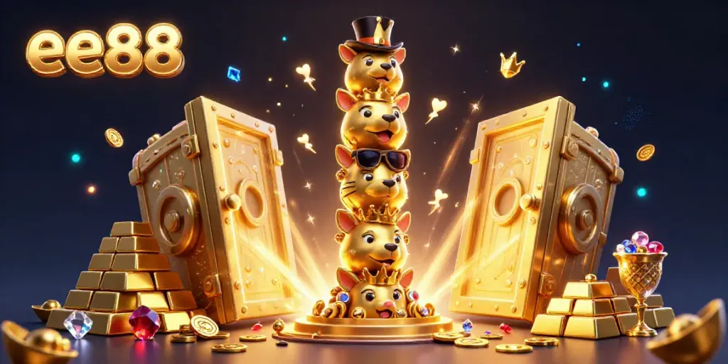 Engage with the vibrant energy of the ee88 online casino featuring a vivid 3D totem and treasure elements.