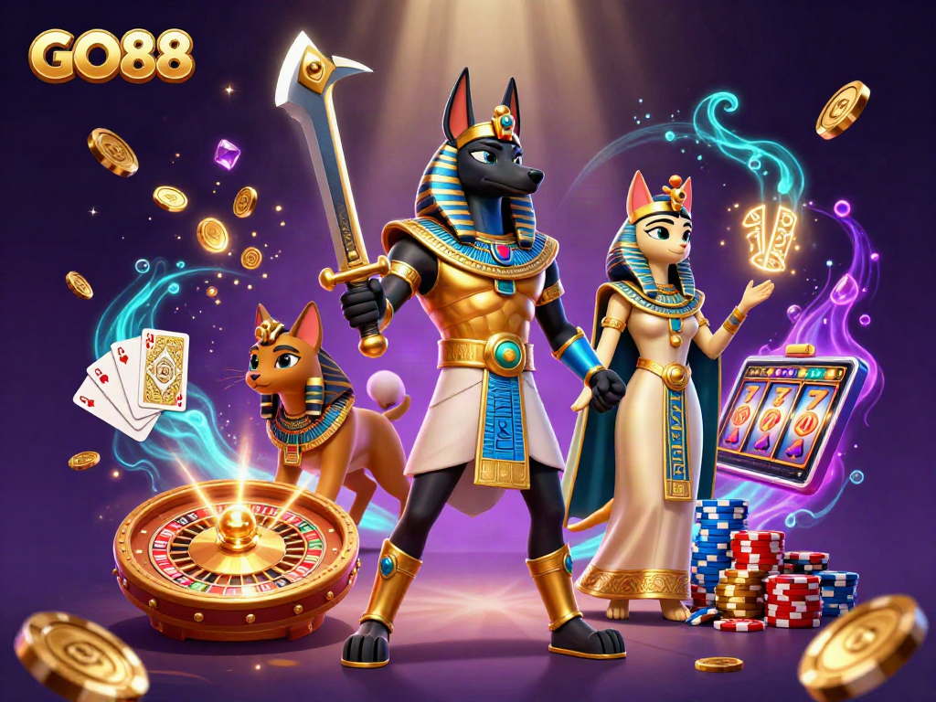 Engage in thrilling gameplay at GO88 with dazzling coins, vibrant poker chips, and animated casino elements.