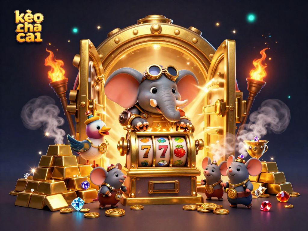 Spin the golden slot machine with kèo nhà cái featuring steampunk characters amidst piles of treasures.