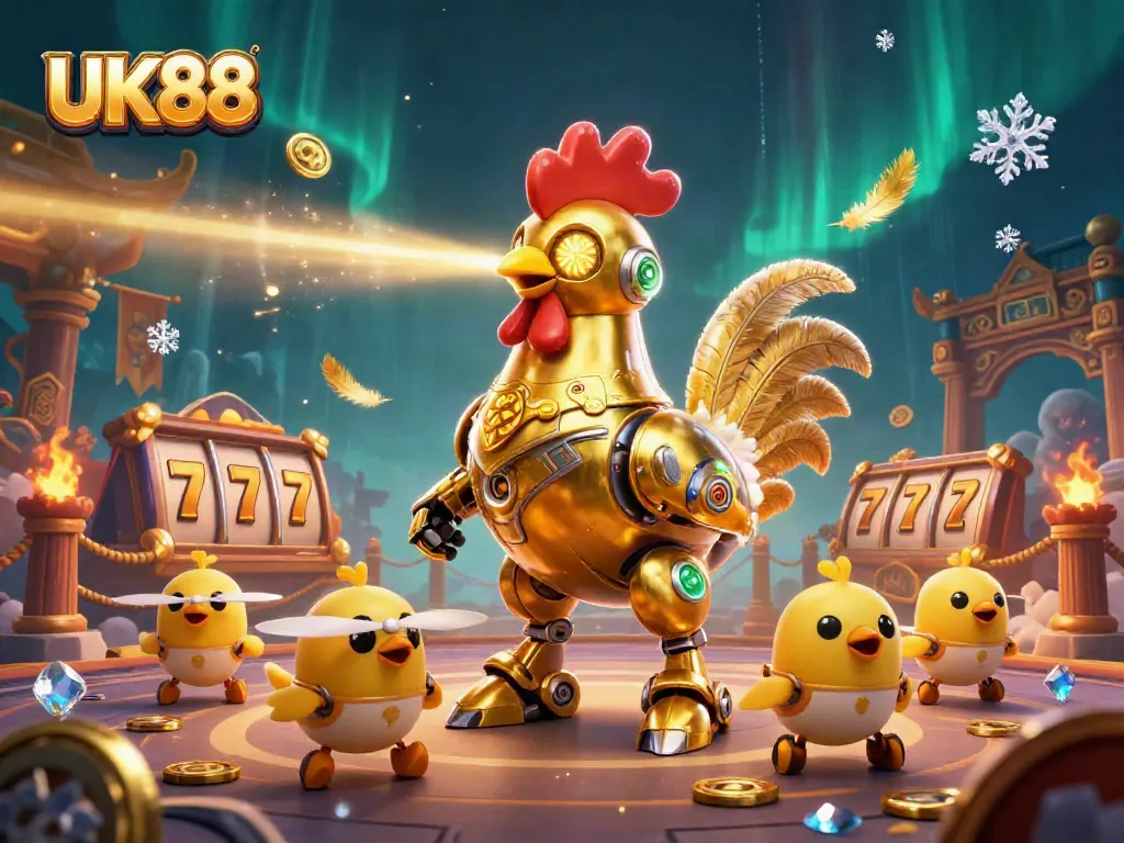 Engage in thrilling slots at UK88 with a futuristic golden rooster robot and baby chick drones in action.