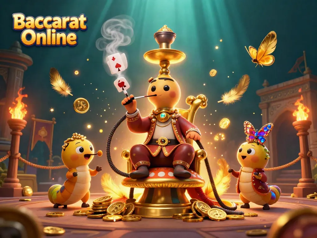 Baccarat Online illustration showing a whimsical caterpillar in a Turkish sultan outfit, surrounded by casino symbols and gold.