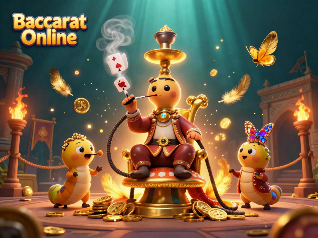 Baccarat Online illustration showing a whimsical caterpillar in a Turkish sultan outfit, surrounded by casino symbols and gold.