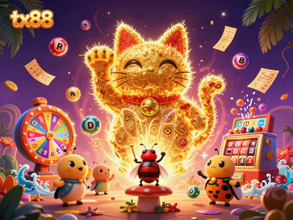Experience the excitement of tx88 featuring animated casino symbols and vibrant lottery elements.