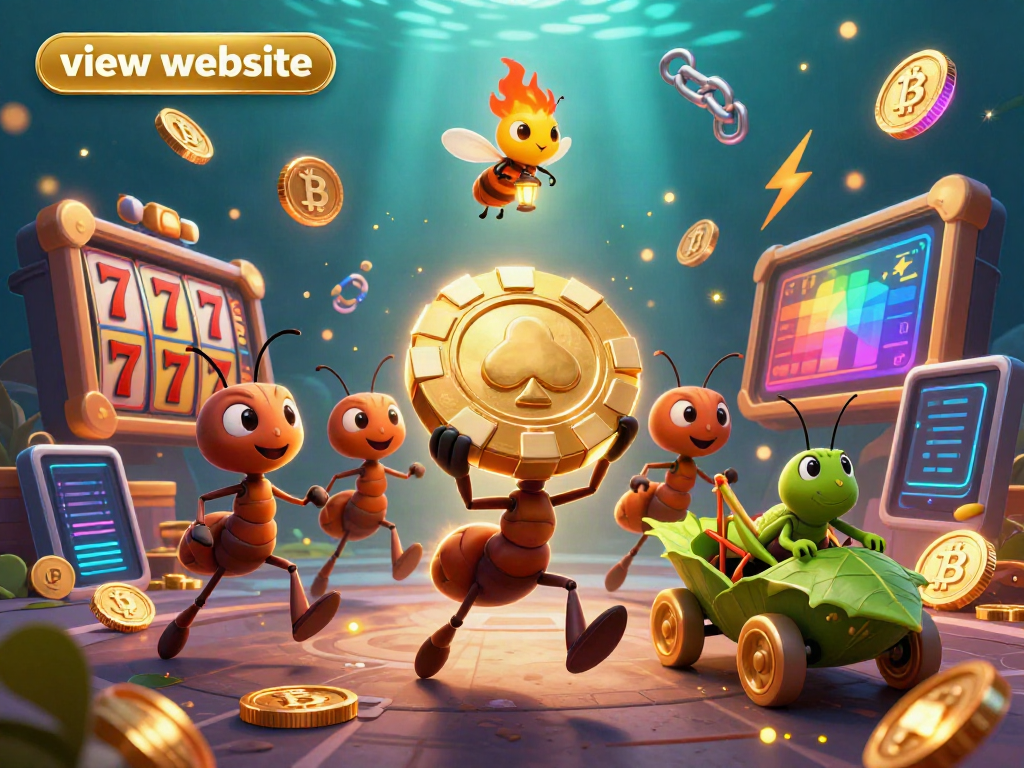 Play casino games with excitement as you view website featuring cartoon ants on a heist collecting golden poker chips amidst a vibrant gambling scene.