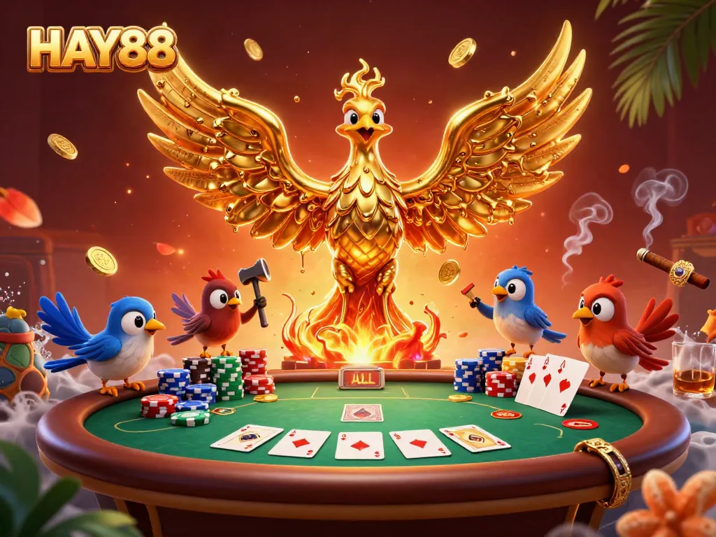 Experience HAY88's vibrant online gaming scene with a dynamic phoenix and poker elements.
