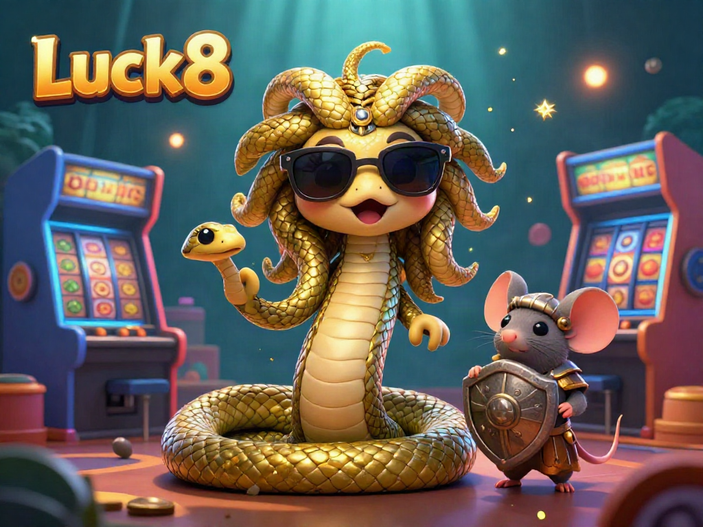 Experience Luck8's vibrant casino world featuring Medusa and a warrior mouse amidst grand slot machines and sparkling elements.