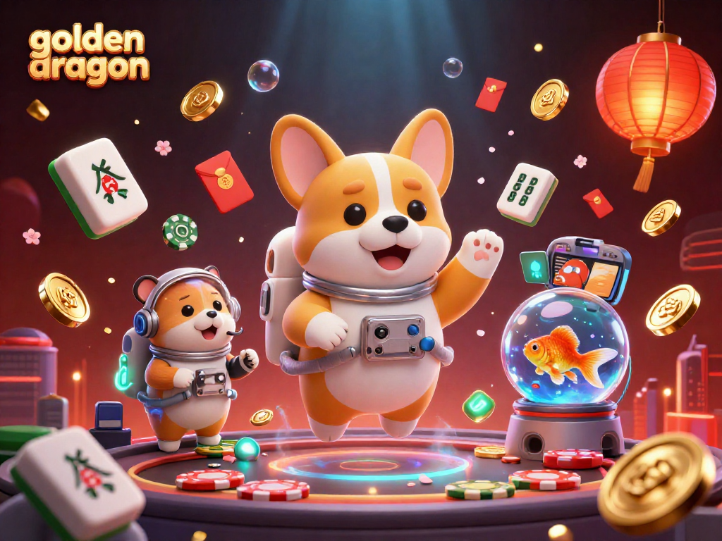 Play the golden dragon slot game among vibrant casino elements in this captivating 3D scene.