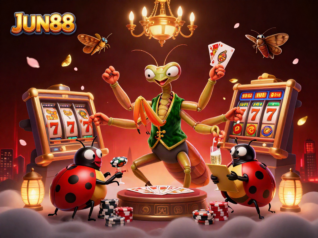 Engage with thrilling gaming action at JUN88 featuring a vibrant casino scene with animated characters and dynamic elements.