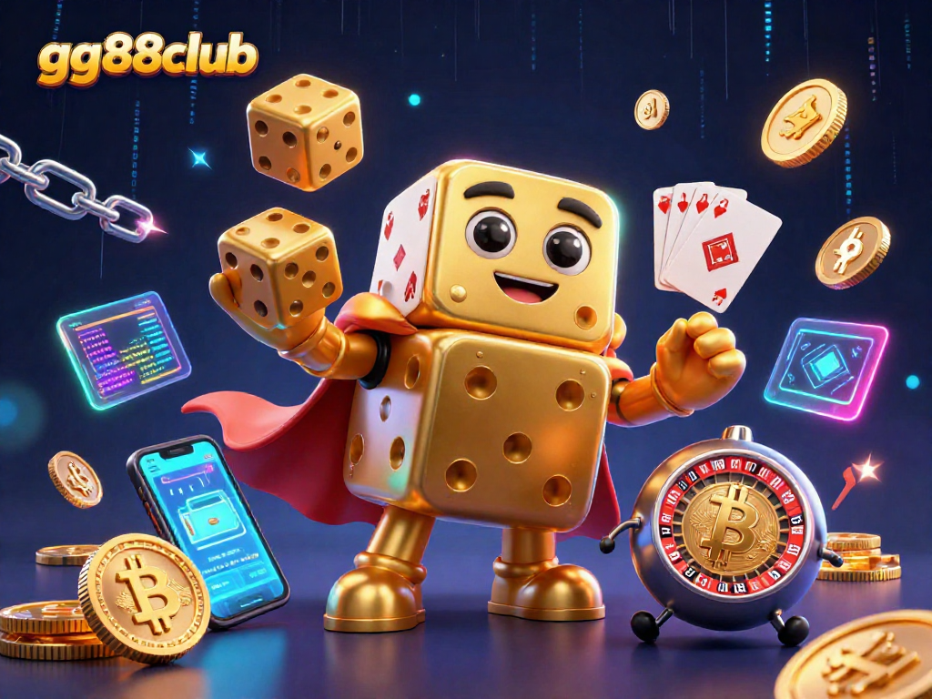 Engage in the excitement with gg88club's vibrant casino scene featuring a lively dice golem and crypto elements.