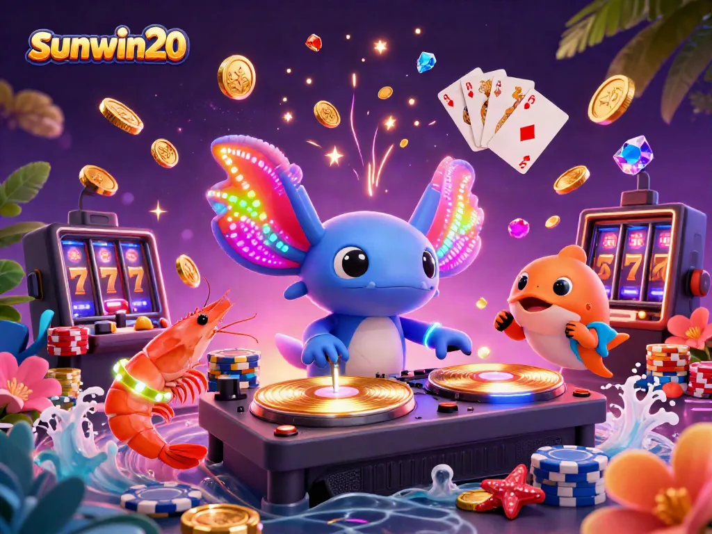 Experience the exciting atmosphere of sunwin20 with a neon-colored axolotl DJ spinning records and vibrant gambling elements.