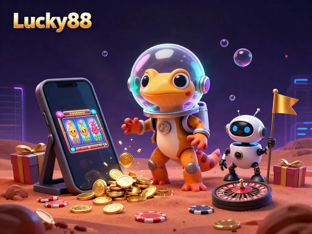 Experience thrilling gaming at Lucky88 with a Martian gecko uncovering a golden casino adventure.