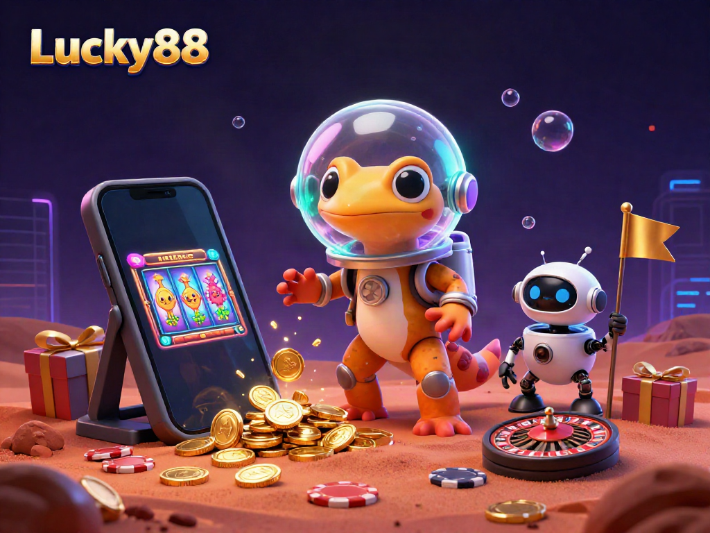 Experience thrilling gaming at Lucky88 with a Martian gecko uncovering a golden casino adventure.
