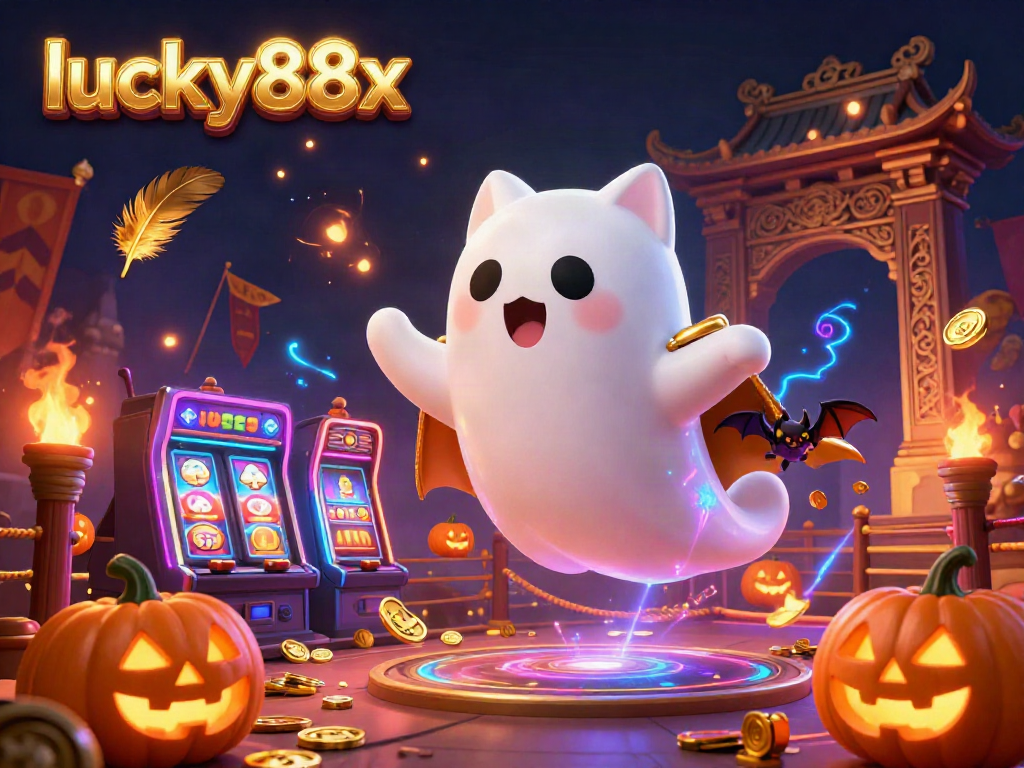 Engage in thrilling gameplay at lucky88x with a vibrant casino scene featuring a friendly ghost cat and a victorious bat.