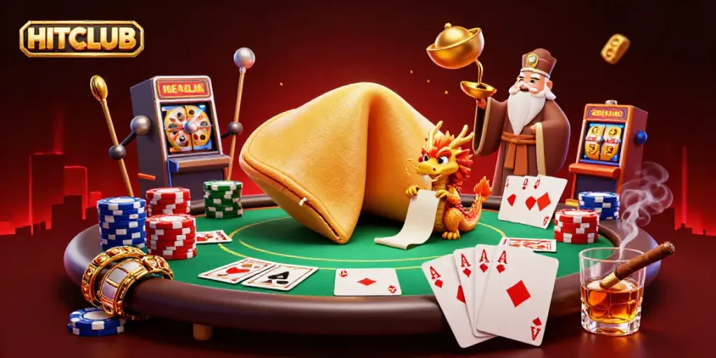 Experience thrilling action at HITCLUB with a vibrant illustration of a giant fortune cookie amidst casino excitement.