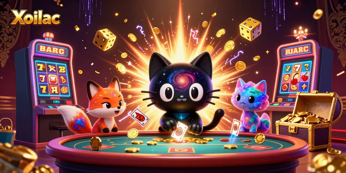 Xoilac captures the thrill of casino gaming with a cosmic black hole cat and nebula fox, surrounded by vibrant gambling elements.