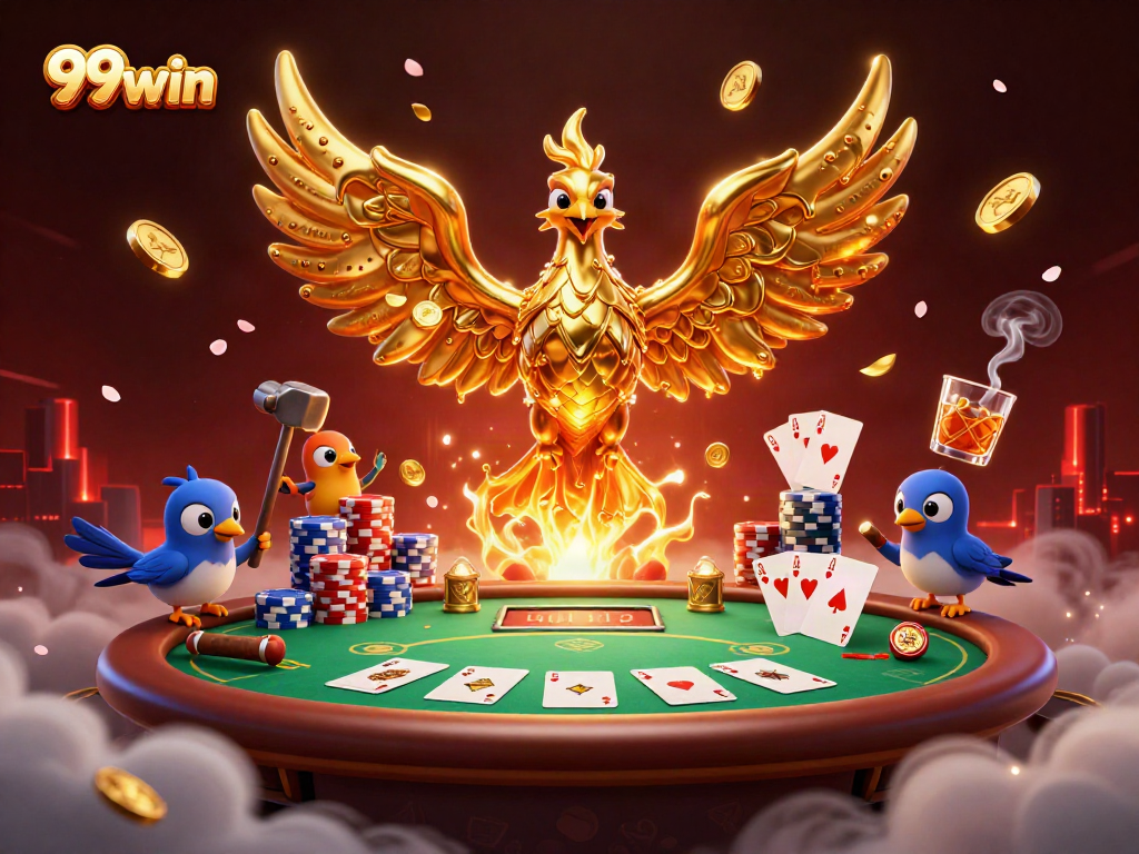 Engage with 99win's immersive gaming experience featuring a golden phoenix, poker chips, and vibrant casino elements.