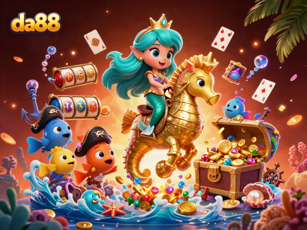 Engage with da88's vibrant casino adventure featuring a mermaid and seahorse amidst thrilling slots and treasure.