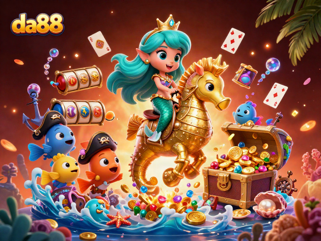 Engage with da88's vibrant casino adventure featuring a mermaid and seahorse amidst thrilling slots and treasure.
