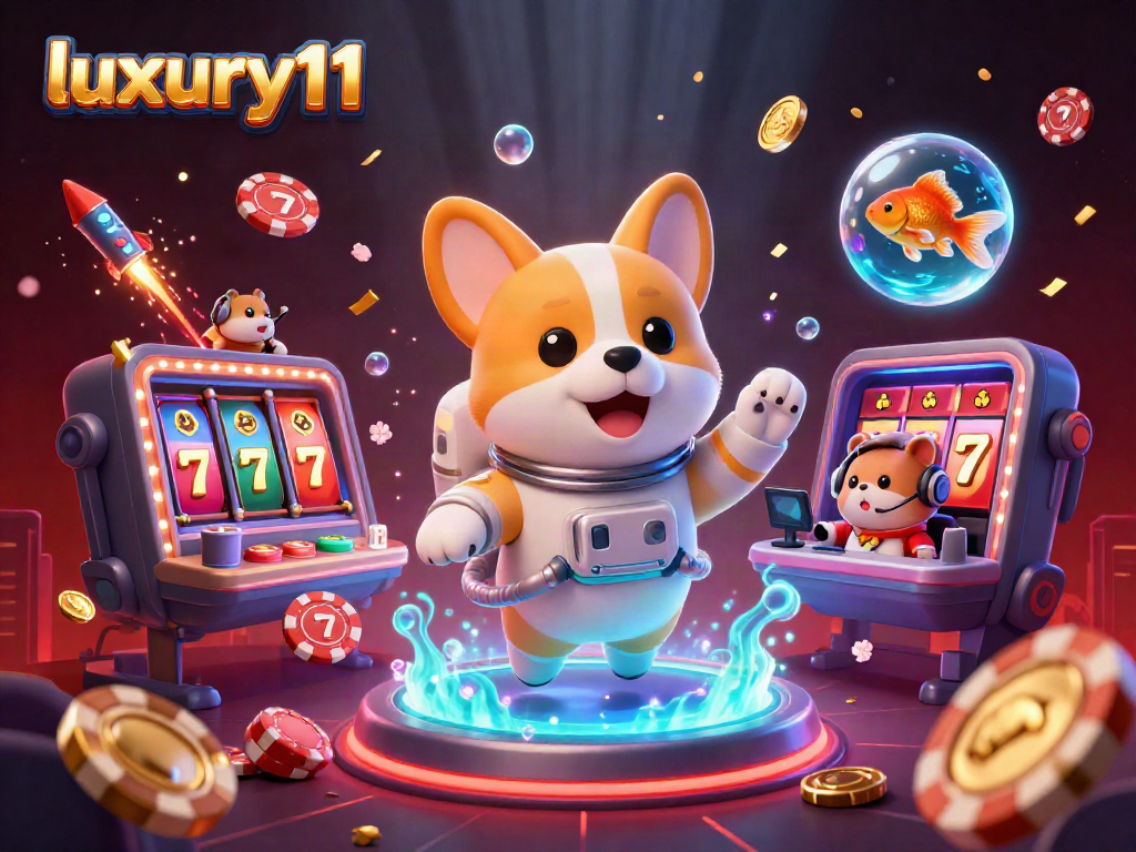 Engage with luxury111 in a vivid casino space scene featuring a corgi and floating poker elements.