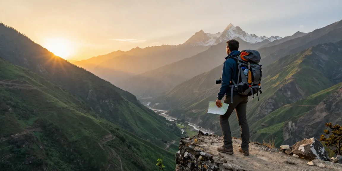 Manaslu Circuit Trek en Nepal, excursionista disfrutando de un atardecer en un impresionante valle montañoso.