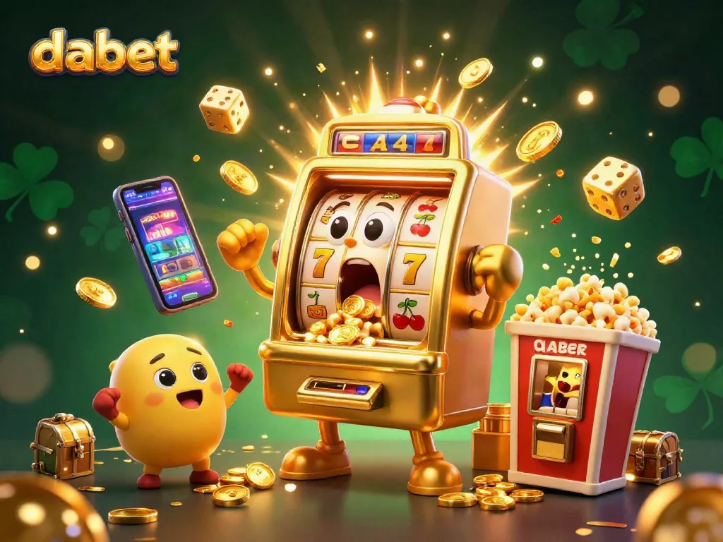 Dabet showcases a vibrant jackpot moment with animated slot machines celebrating a big win, symbolizing excitement.