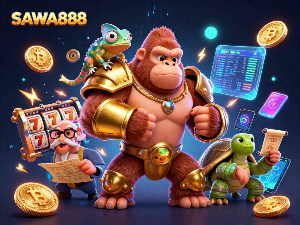 Experience thrilling gameplay at SAWA888 with vibrant slot reels and colorful characters in action.