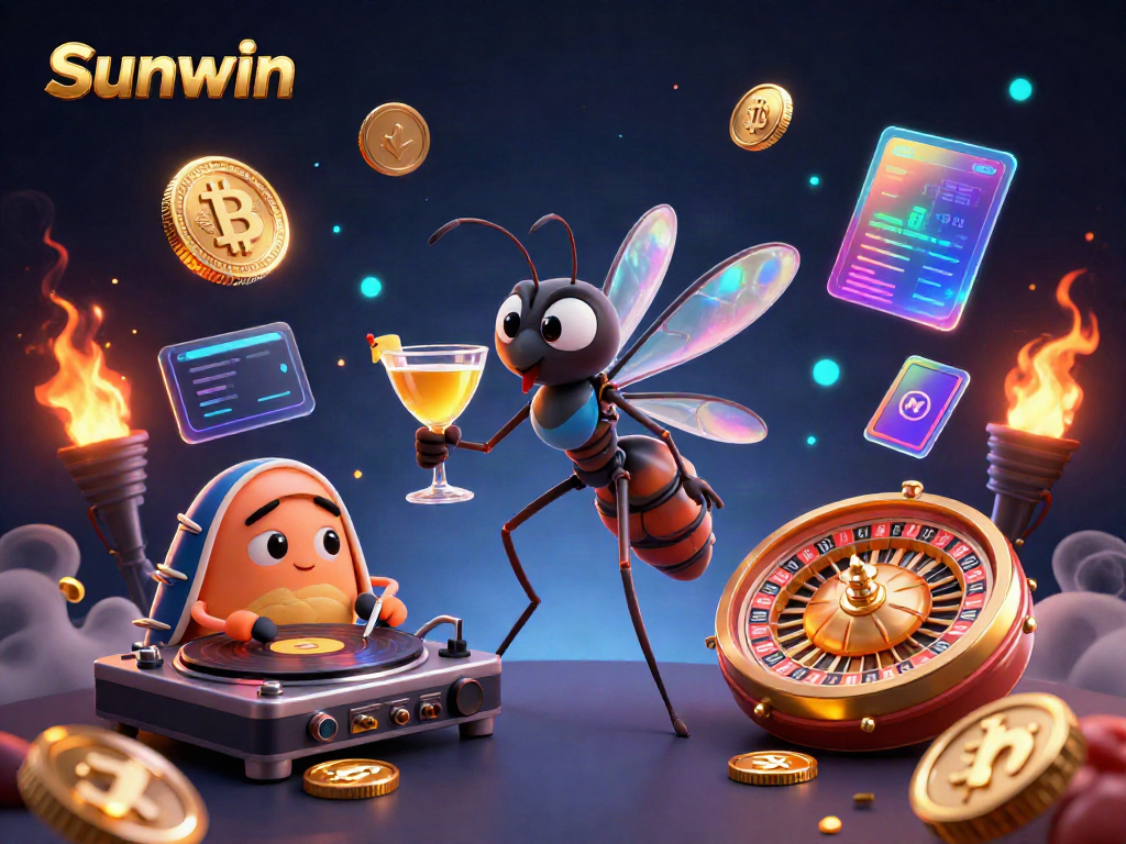 Engage with Sunwin's casino magic featuring a unique 3D mascot and vibrant gaming elements.