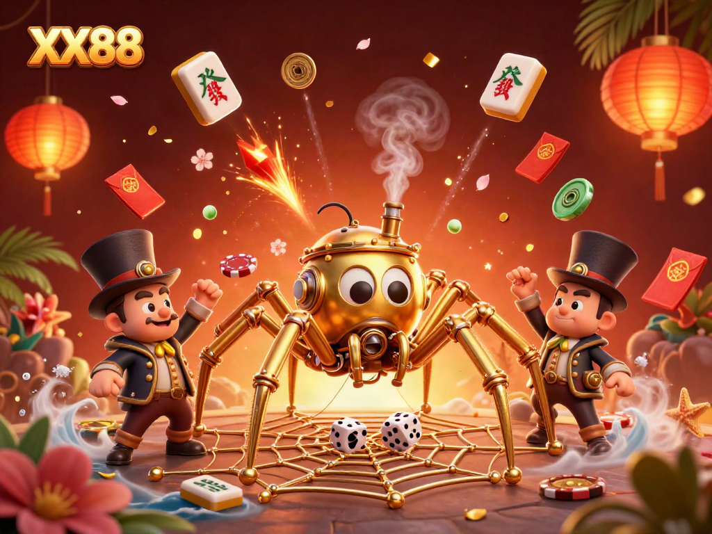 Gamblers spin the reels at XX88, featuring a whimsical steampunk spider and vibrant casino elements.