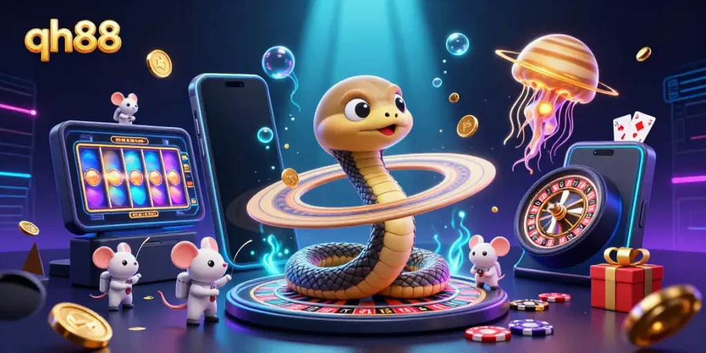 Bet on QH88 casino games with an exciting cosmic scene featuring gambling elements and vibrant colors.