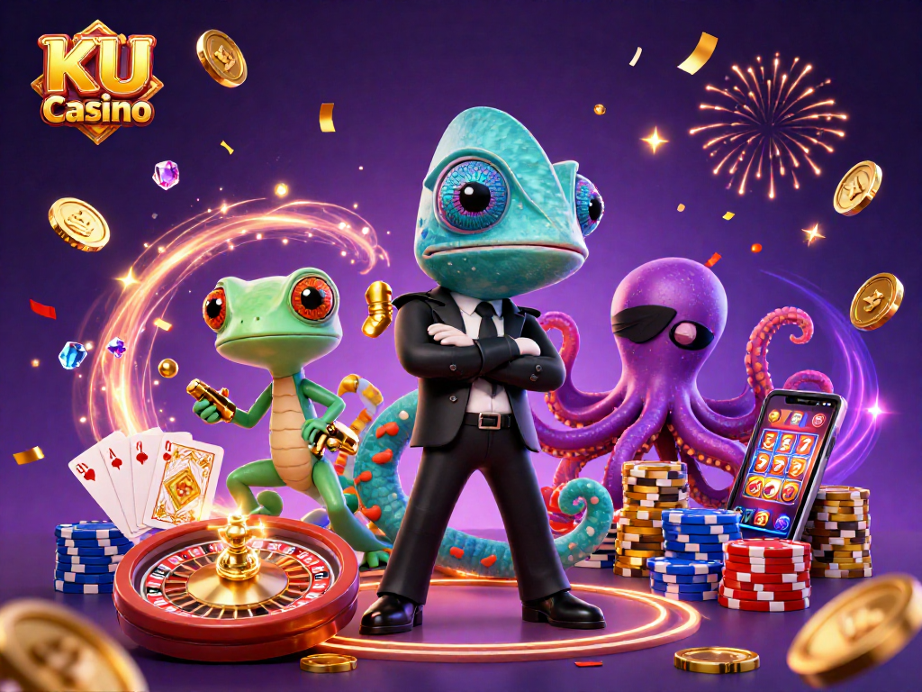 KU Casino showcases animated characters in a vibrant casino-themed illustration, featuring excitement and winnings.