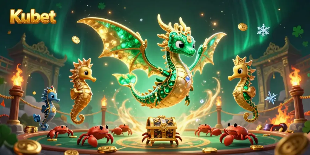 Experience Kubet's thrilling gaming adventure with a majestic sea dragon and treasures in a vibrant atmosphere.