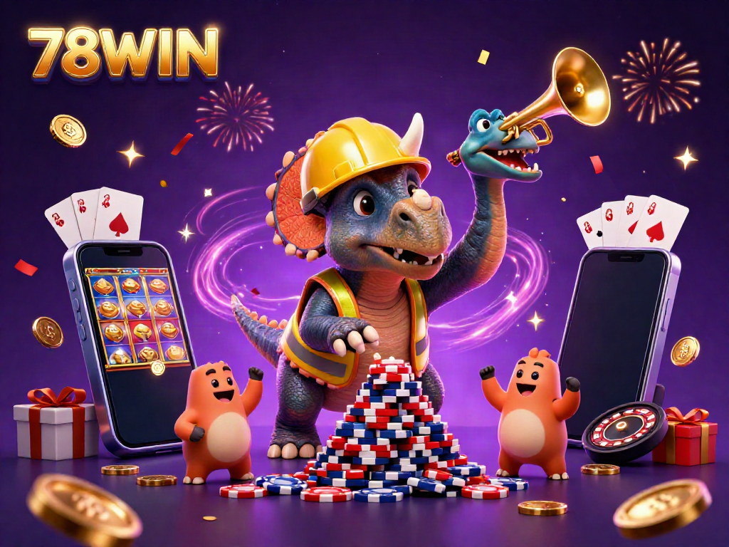 Experience the fun at 78WIN with a vibrant illustration of a 3D triceratops building poker chips amid casino excitement.