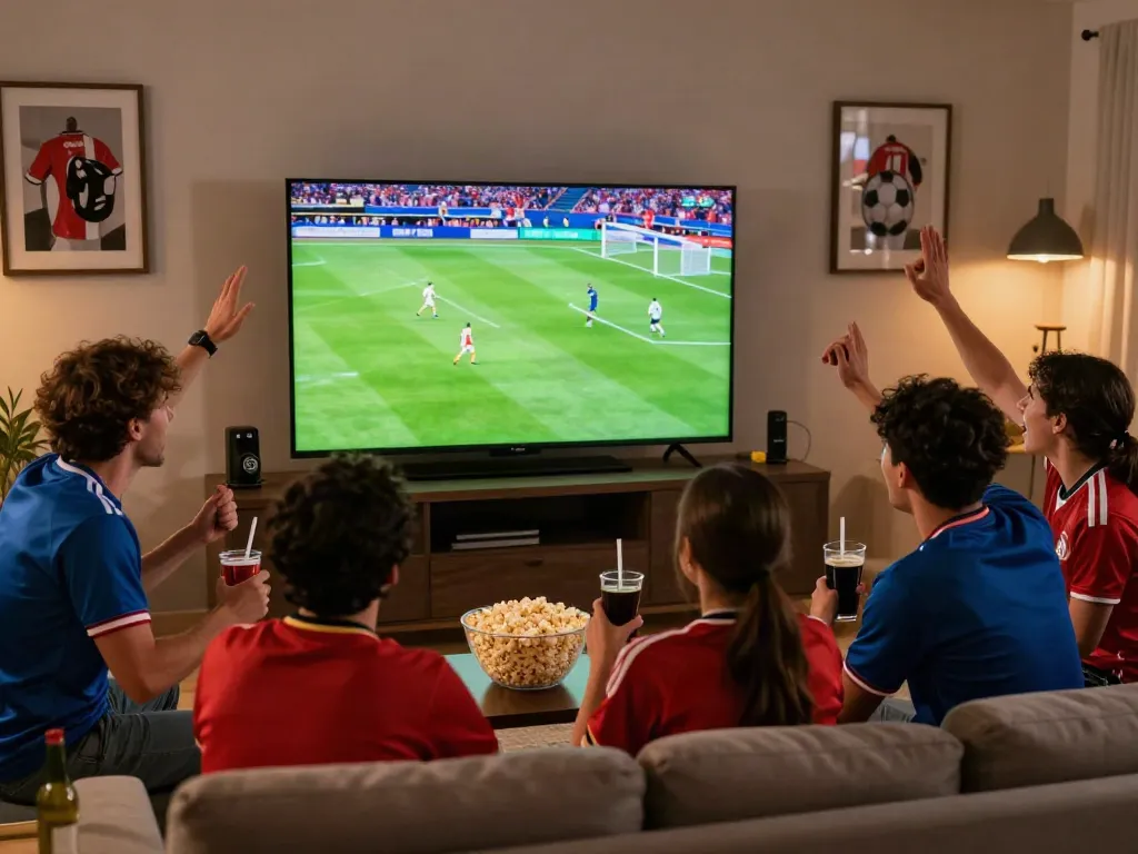Thapcamtv fans celebrating a football match in a lively living room.