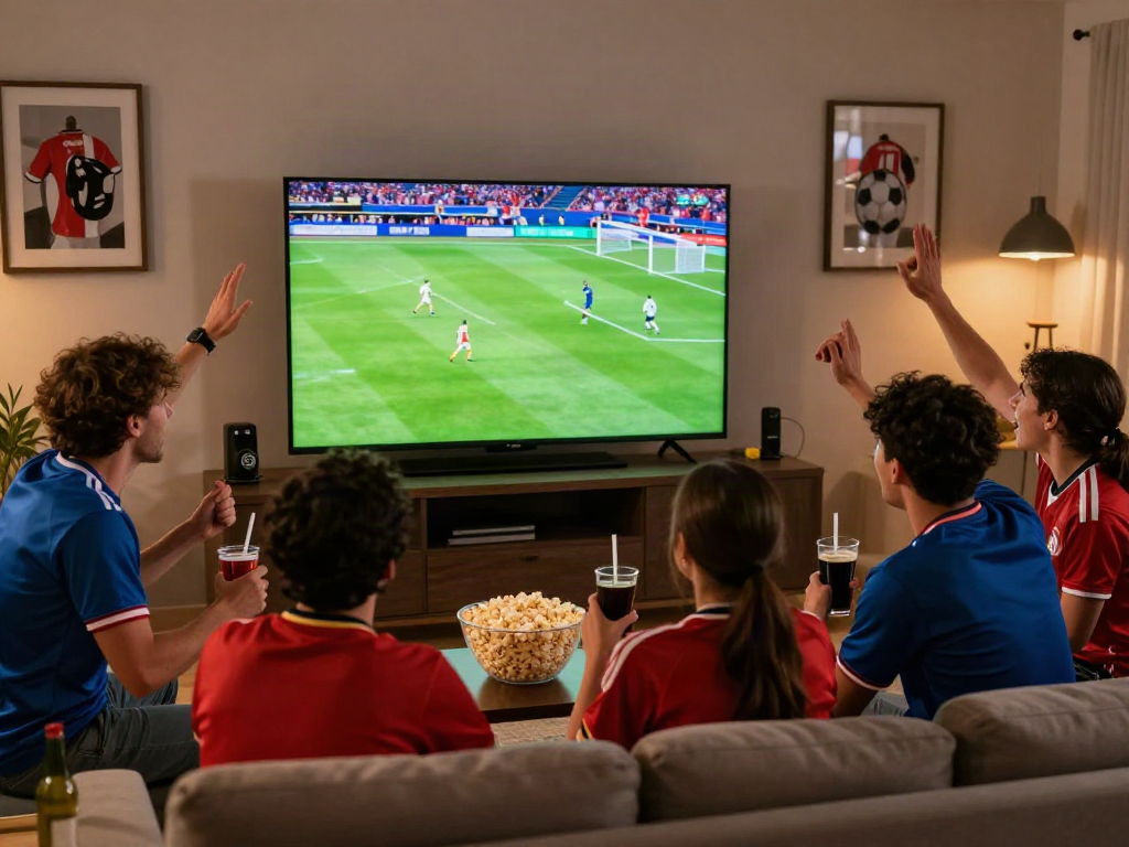 Thapcamtv fans celebrating a football match in a lively living room.