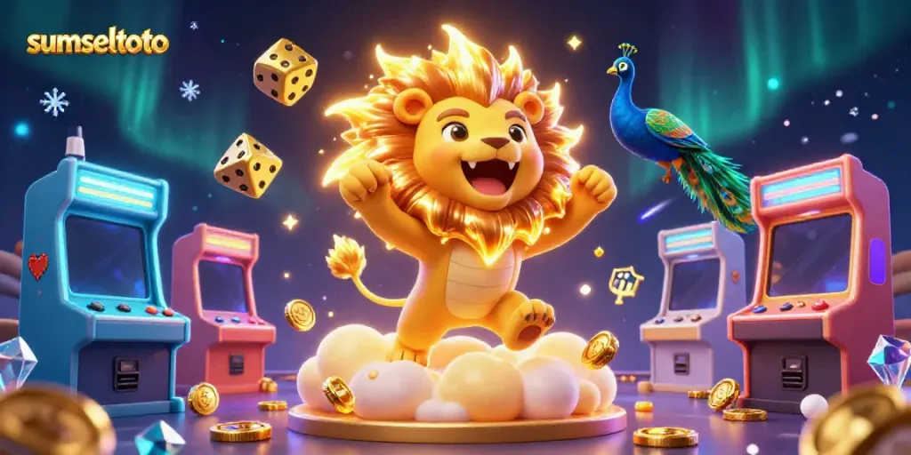 Experience the excitement of gaming with sumseltoto as a sun lion triumphantly roars amidst vibrant casino elements.