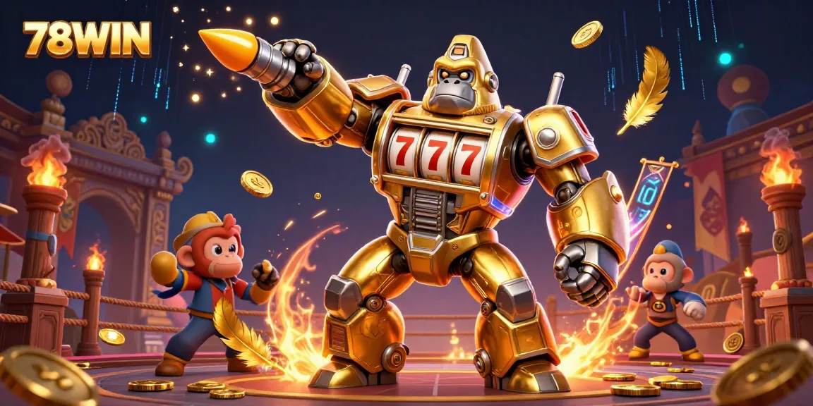 Engaging 78WIN gameplay featuring a golden gorilla mech amidst vibrant casino elements.