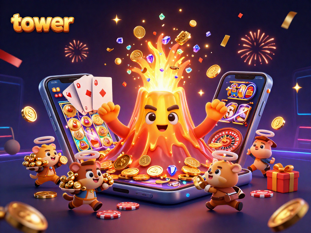 Experience the thrill of the tower game as a golden volcano erupts coins, guiding players to treasures.