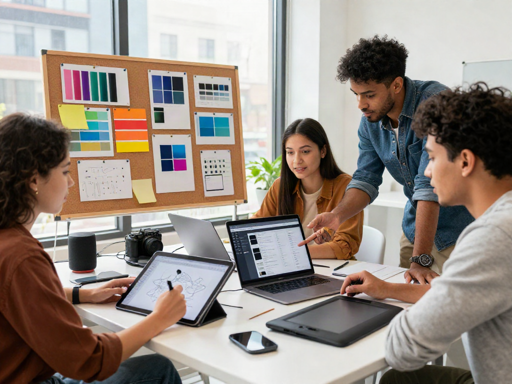 Creative team collaborating on nsfw ai design project in bright studio.