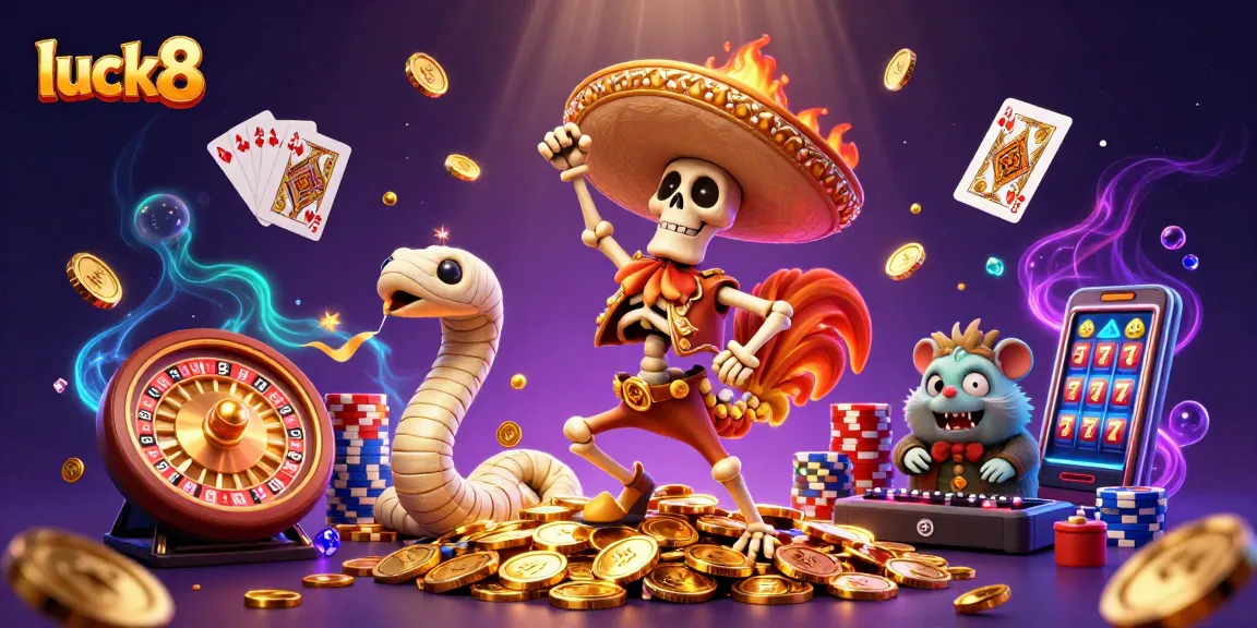 Experience luck8's vibrant casino atmosphere with dynamic characters and golden treasures.