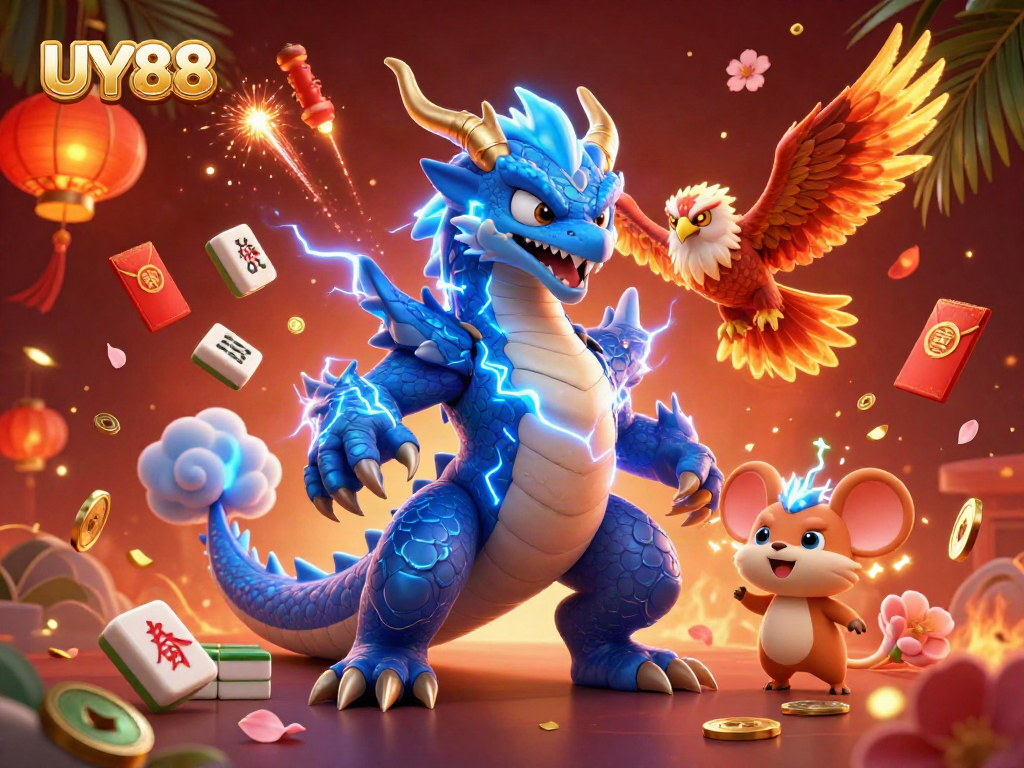 Experience UY88 through a vibrant 3D illustration filled with casino elements and dynamic characters.