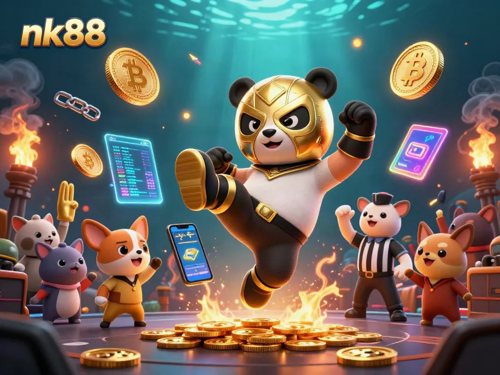 Experience thrilling nk88 gaming with animated panda and chihuahua in vibrant casino scene.